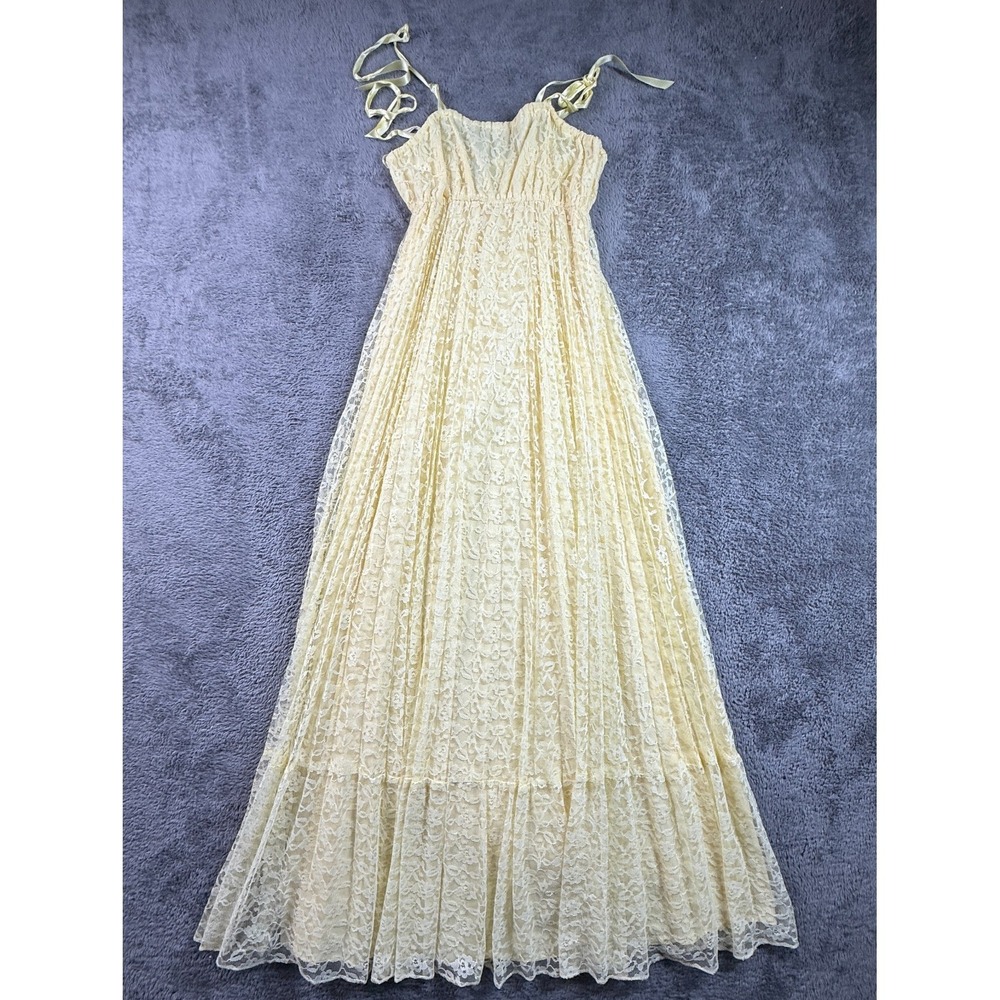 Vintage 70s Yellow Lace Maxi Dress Tie Shoulder Straps Boho Empire Waist Floor - Picture 1 of 9